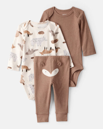 Bébé garçon - Ensemble 3 pièces cache-couches à manches longues et pantalon à imprimé de renard - Blanc/brun, 