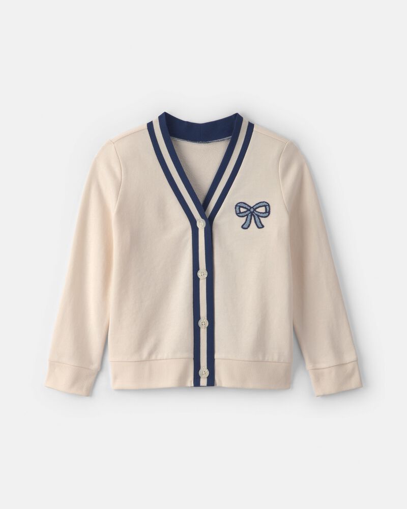 Girls Bow French Terry Cardigan Sweater - Cream, image 1 of 6 slides