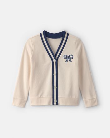 Girls Bow French Terry Cardigan Sweater - Cream, 
