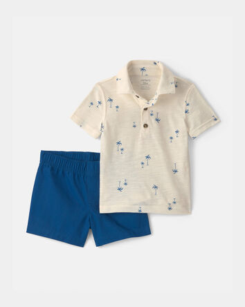 Baby Boy 2-Piece Palm Tree Polo & Short Set - Blue/Ivory, 