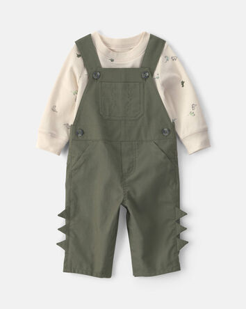 B&eacute;b&eacute; gar&ccedil;on - Ensemble 2 pi&egrave;ces salopette et manches longues &agrave; th&egrave;me dinosaure - Vert olive, 