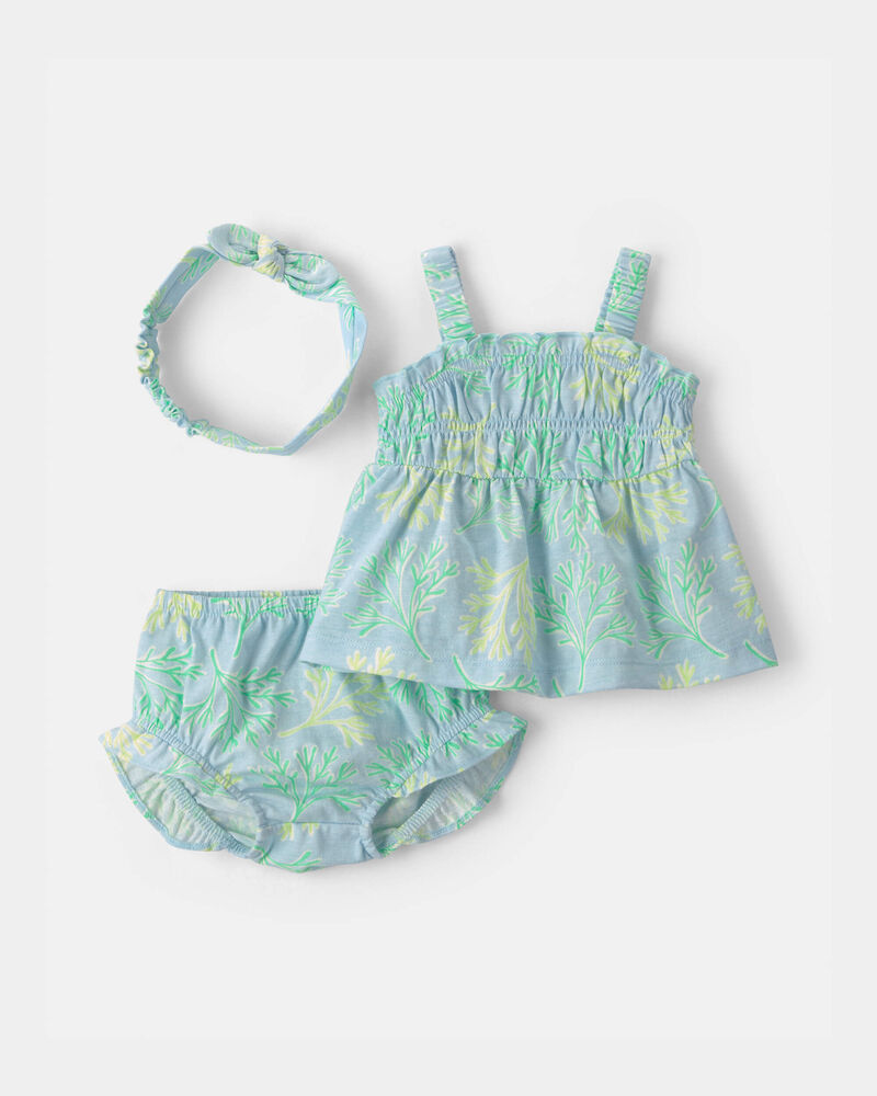 B&eacute;b&eacute; fille - Ensemble 3 pi&egrave;ces haut et short &agrave; motif corail - Bleu/Vert, image 1 sur 2 diapositives