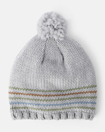 Baby Boy Striped Pom Winter Hat - Grey, 