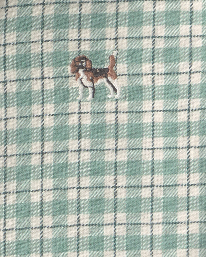 Chemise boutonn&eacute;e en flanelle &agrave; carreaux et motif chien pour tout-petit - Vert/Blanc, image 5 sur 5 diapositives