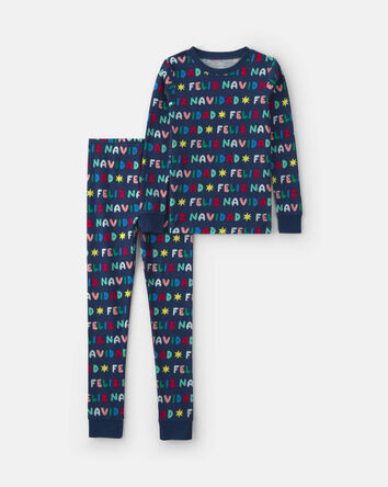 Kids 2-Piece 'Feliz Navidad' Christmas 100% Cotton Snug Fit Pyjama Set - Navy Blue, 
