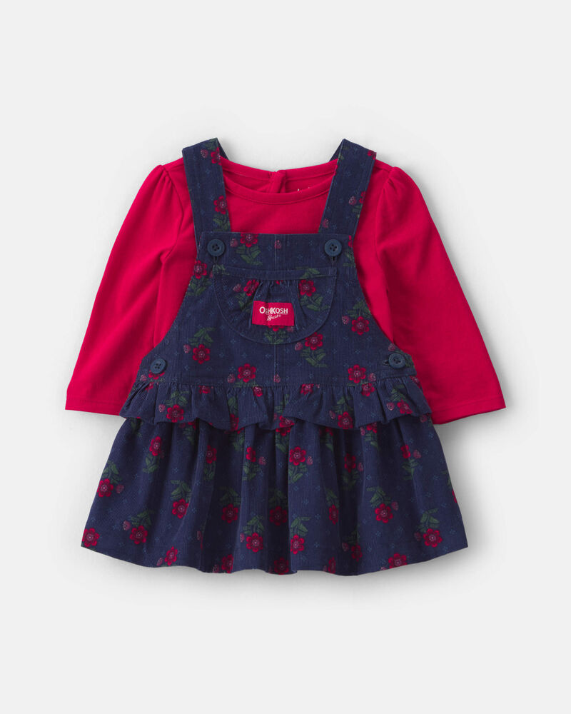 B&eacute;b&eacute; fille - Ensemble 2 pi&egrave;ces robe en velours c&ocirc;tel&eacute; &agrave; motif floral et manches longues &ndash; Bleu marine, image 1 sur 5 diapositives