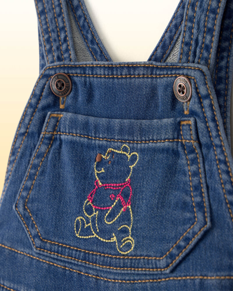 Baby Disney&copy; Winnie the Pooh Embroidered Knit-Like Denim Overalls - Dark Wash, image 2 of 5 slides