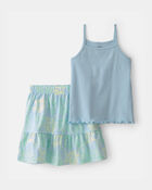 Filles - Ensemble 2 pi&egrave;ces d&eacute;bardeur et jupe &agrave; motif de fleurs tropicales - Bleu, image 1 sur 4 diapositives