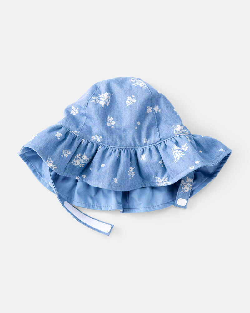 Baby Girl Chambray Floral Print Sun Hat - Blue, image 2 of 3 slides