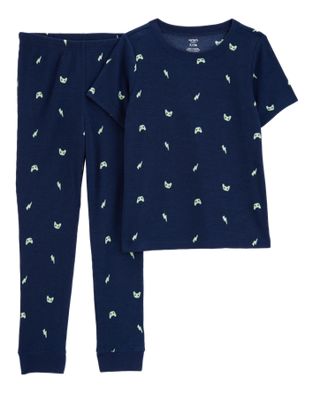Kid Gamer Print Loose Fit Waffle Knit 2-Piece Pyjamas - Navy, 