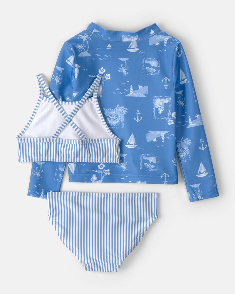 Toddler Girl 3-Piece Sailboat Long-Sleeve Rashguard Swimsuit Set - Blue, image 2 of 5 slides
