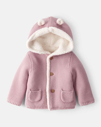 Bébé fille - Pull en coton à manches longues doublé en sherpa - Rose, 