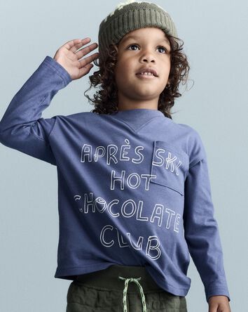 Toddler Hot Cocoa Club' Long-Sleeve Pocket Relaxed Graphic Tee - Dark Blue, 
