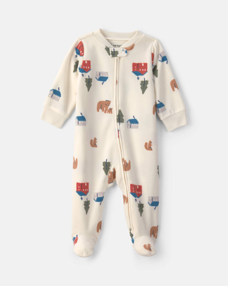 B&eacute;b&eacute; - Grenouill&egrave;re en molleton &agrave; fermeture &agrave; glissi&egrave;re double sens et motif ourson et chalet &ndash; Cr&egrave;me, image 1 sur 4 diapositives