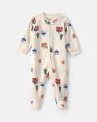 B&eacute;b&eacute; - Grenouill&egrave;re en molleton &agrave; fermeture &agrave; glissi&egrave;re double sens et motif ourson et chalet &ndash; Cr&egrave;me, image 1 sur 4 diapositives