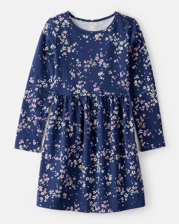 Filles - Robe à manches longues en coton fleuri - Marine, 