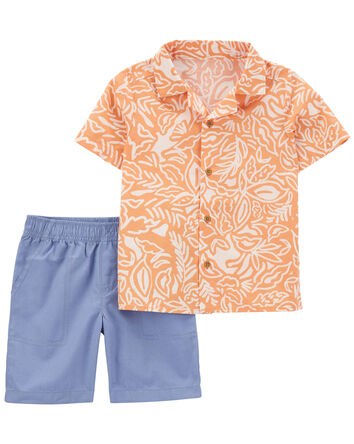 2-Piece Palm Linen Button-Front Shirt & Short Set, 