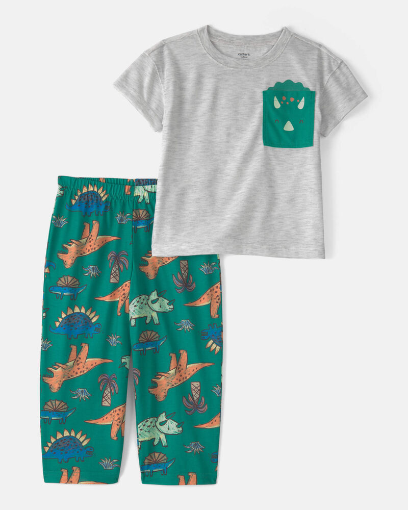 Toddler Boy Dinosaur Loose Fit 2-Piece Pyjama Set - Green/Grey, image 1 of 4 slides