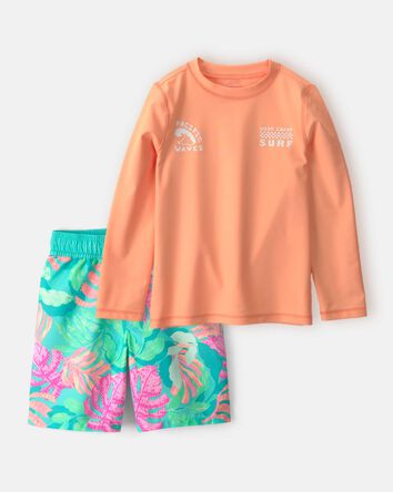 Boys 2-Piece Long-Sleeve Rashguard & Tropical Swim Trunks Set - Orange/Green, 