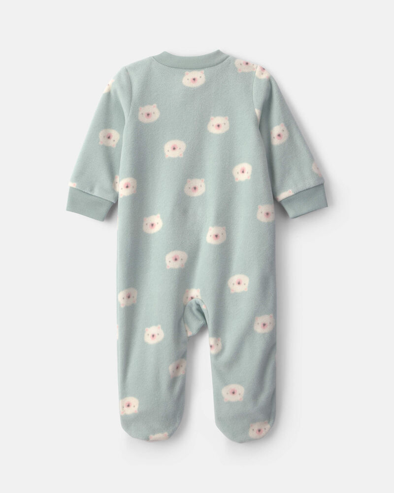 Baby Girl Bear Fleece 2-Way Zip Sleeper - Green, image 2 of 6 slides