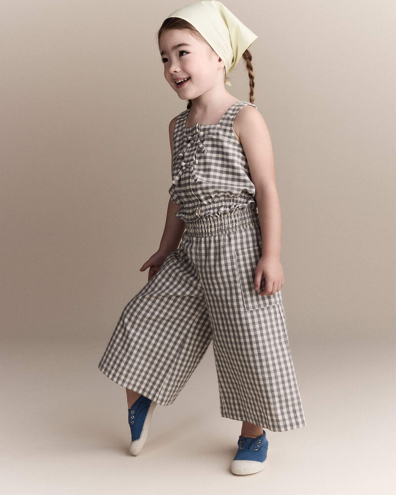 Tout-petit fille - Haut p&eacute;plum &agrave; n&oelig;uds en guingan - Cr&egrave;me/Gris, image 1 sur 6 diapositives