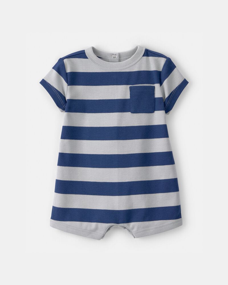 Baby Boy Stripe Short-Sleeve Romper - Blue/Grey, image 1 of 3 slides