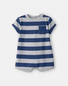 Baby Boy Stripe Short-Sleeve Romper - Blue/Grey, image 1 of 3 slides