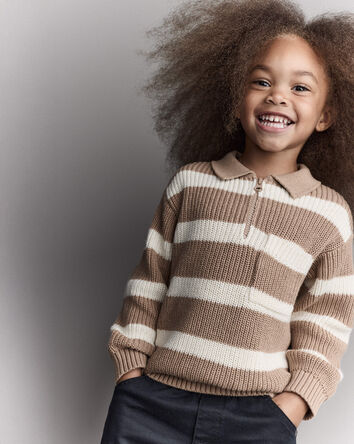 Toddler Striped Quarter-Zip Sweater - Tan/White, 