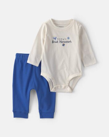 Baby 2-Piece 'Baby's 1st Hanukkah' Long-Sleeve Bodysuit & Pant Set - Blue/Cream, 