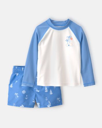 Toddler Boy 2-Piece Long-Sleeve Rashguard & Sailboat Swim Trunks Set - Blue/White, 