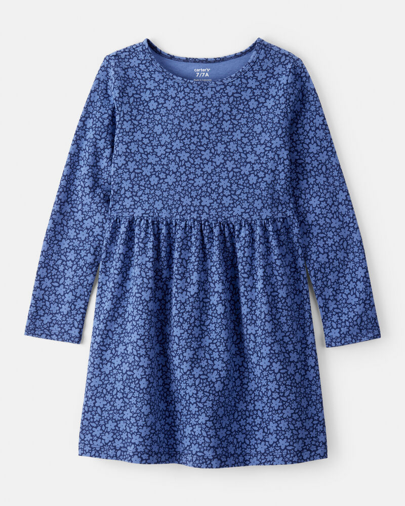 Girls Floral Print Long Sleeve Cotton Dress - Blue, image 1 of 4 slides