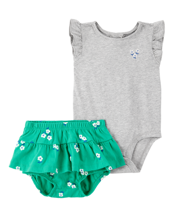 Baby 2-Piece Floral Bodysuit & Diaper Cover Set - Grey/Green, 