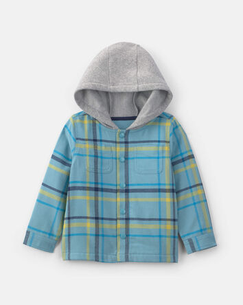 Tout-petit gar&ccedil;on &ndash; Chemise boutonn&eacute;e en flanelle &agrave; carreaux avec capuchon &ndash; Bleu/Jaune/Gris, 
