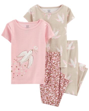 Pyjama 4 pièces en coton ajusté motif oiseau, 