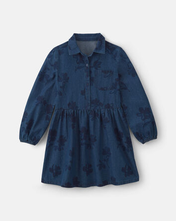 Filles - Robe manches courtes en denim &agrave; motif floral - D&eacute;lav&eacute; fonc&eacute;, 