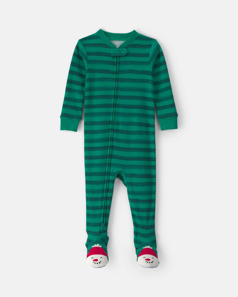 Baby 1-Piece Christmas Snowman 2-Way Zip 100% Cotton Snug Fit Footed Pyjama - Green, image 1 of 5 slides