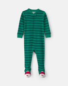 Baby 1-Piece Christmas Snowman 2-Way Zip 100% Cotton Snug Fit Footed Pyjama - Green, image 1 of 5 slides