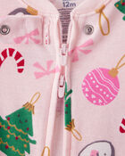 Baby Girl Christmas Ornament Print 100% Cotton Long-Sleeve 2-Way Zip 1-Piece Pyjamas - Pink, image 2 of 3 slides