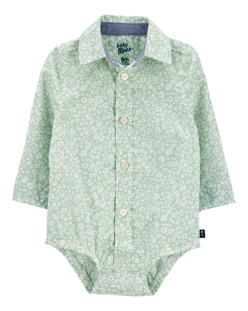 Baby Floral Button-Front Long-Sleeve Bodysuit - Green, image 1 of 4 slides