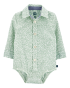 Baby Floral Button-Front Long-Sleeve Bodysuit - Green, image 1 of 4 slides
