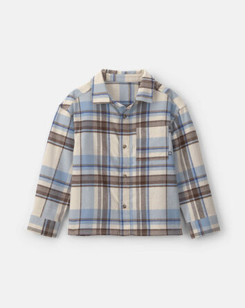 Boys Plaid Baggy Flannel Button-Down Shirt - Gray/Blue/Brown, 