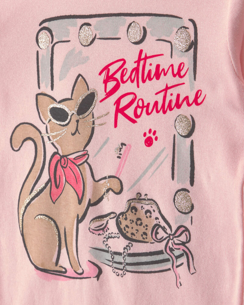 Girls 4-Piece 'Sassy Cat' Leopard 100% Cotton Snug Fit Pyjama Set - Pink/Brown, image 2 of 6 slides