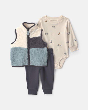 B&eacute;b&eacute; gar&ccedil;on - Ensemble 3 pi&egrave;ces &agrave; superposer en molleton teddy &agrave; motif renard - Bleu, 