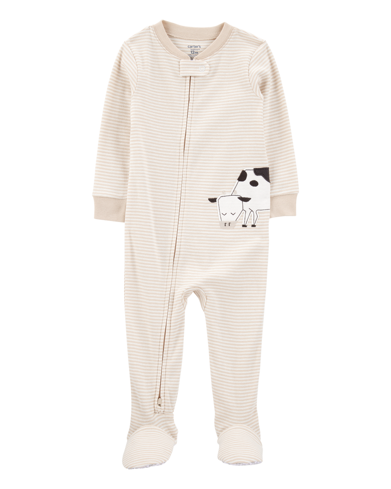 Baby Boy Cow Striped Snug Fit Cotton Footie 1-Piece Pyjamas - Tan, image 1 of 4 slides