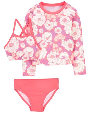 3-Piece Floral Print Rashguard Swimsuit Set, 