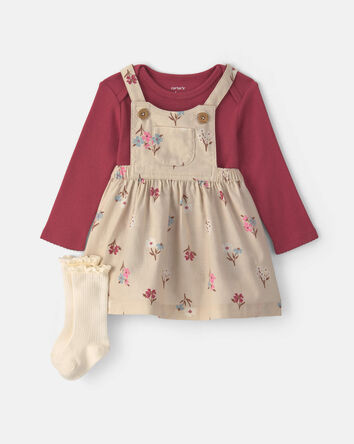 Baby Girl 3-Piece Floral Twill Long-Sleeve Dress Set - Burgundy/Cream, 