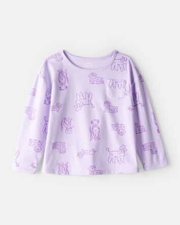 Toddler Girl Dog Print Long-Sleeve Pocket Tee - Purple, 