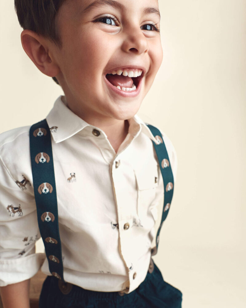 Toddler Boy Dog Long-Sleeve Button-Down Shirt - Cream, image 2 of 5 slides