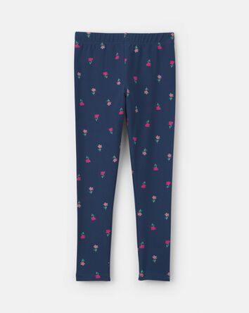 Girls Floral Pull-On Stretch Leggings - Navy Blue, 