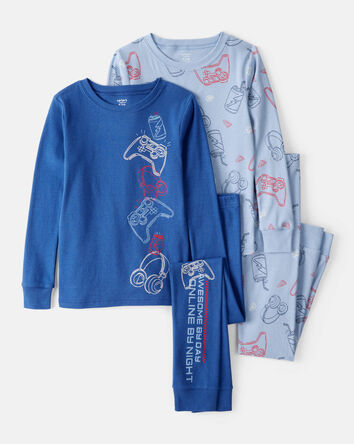 Garçons - Pyjamas imprimés de jeu en coton 100 % à manches longues - Bleu, 4 pièces, 